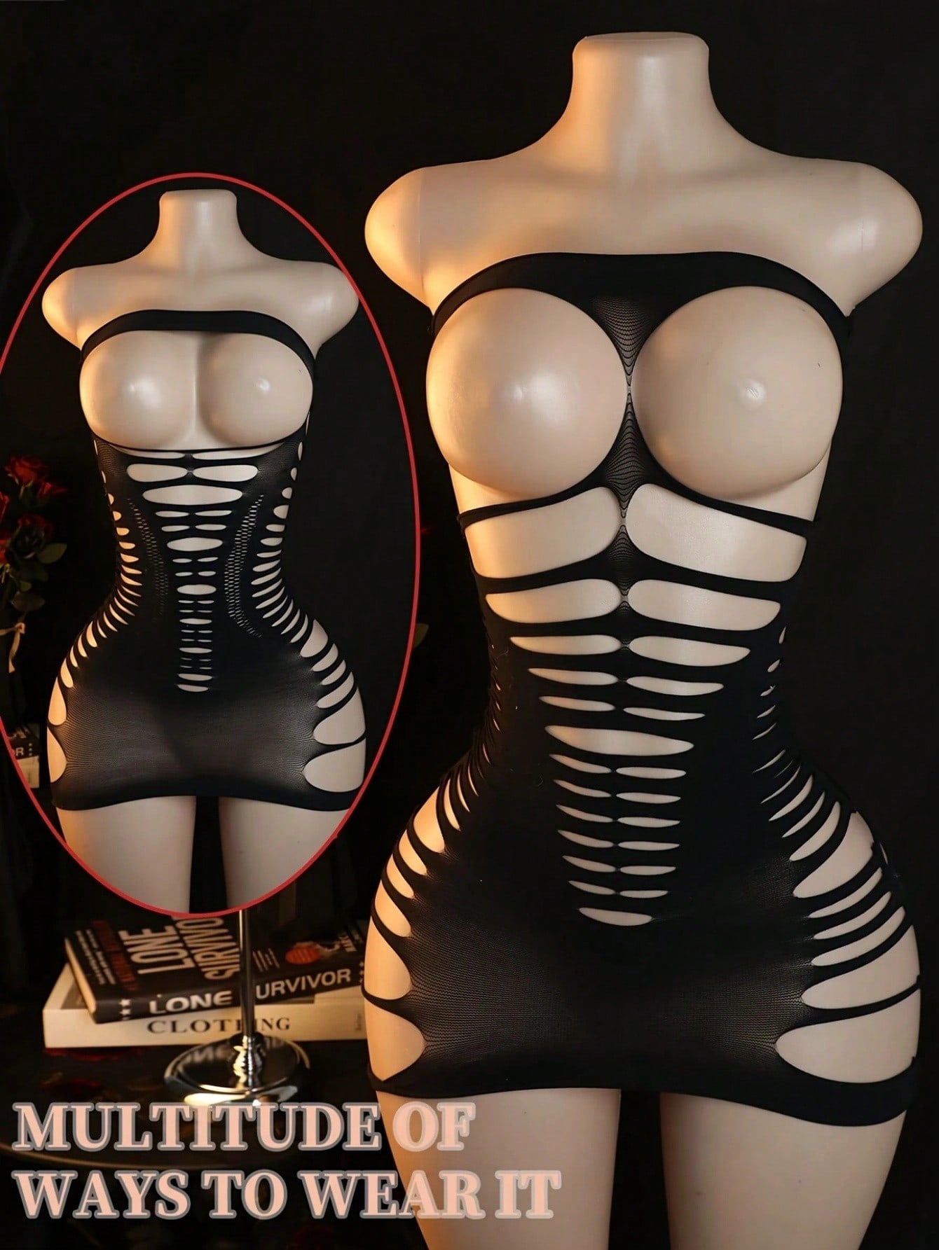 Black women’s one-piece mesh bodysuit with a strapless design, stand collar, long sleeves, and backless cut-out detailing. Short length with high-stretch knitted fabric, suitable for party and festival wear.