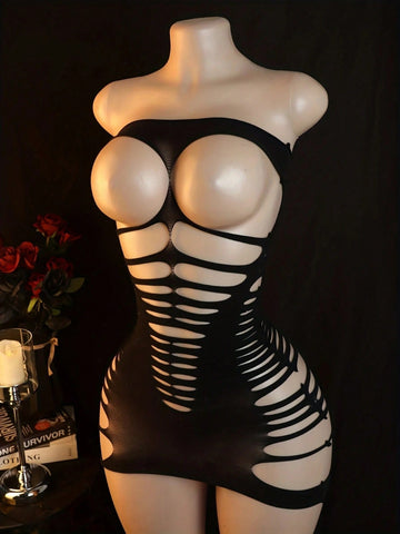 Black women’s one-piece mesh bodysuit with a strapless design, stand collar, long sleeves, and backless cut-out detailing. Short length with high-stretch knitted fabric, suitable for party and festival wear.