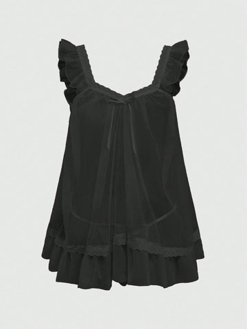 Babydoll Kawaii Cute Loose Sheer Dress, Mesh Lace Patchwork Bow Mini Dress, Sexy Tulle Dress Set