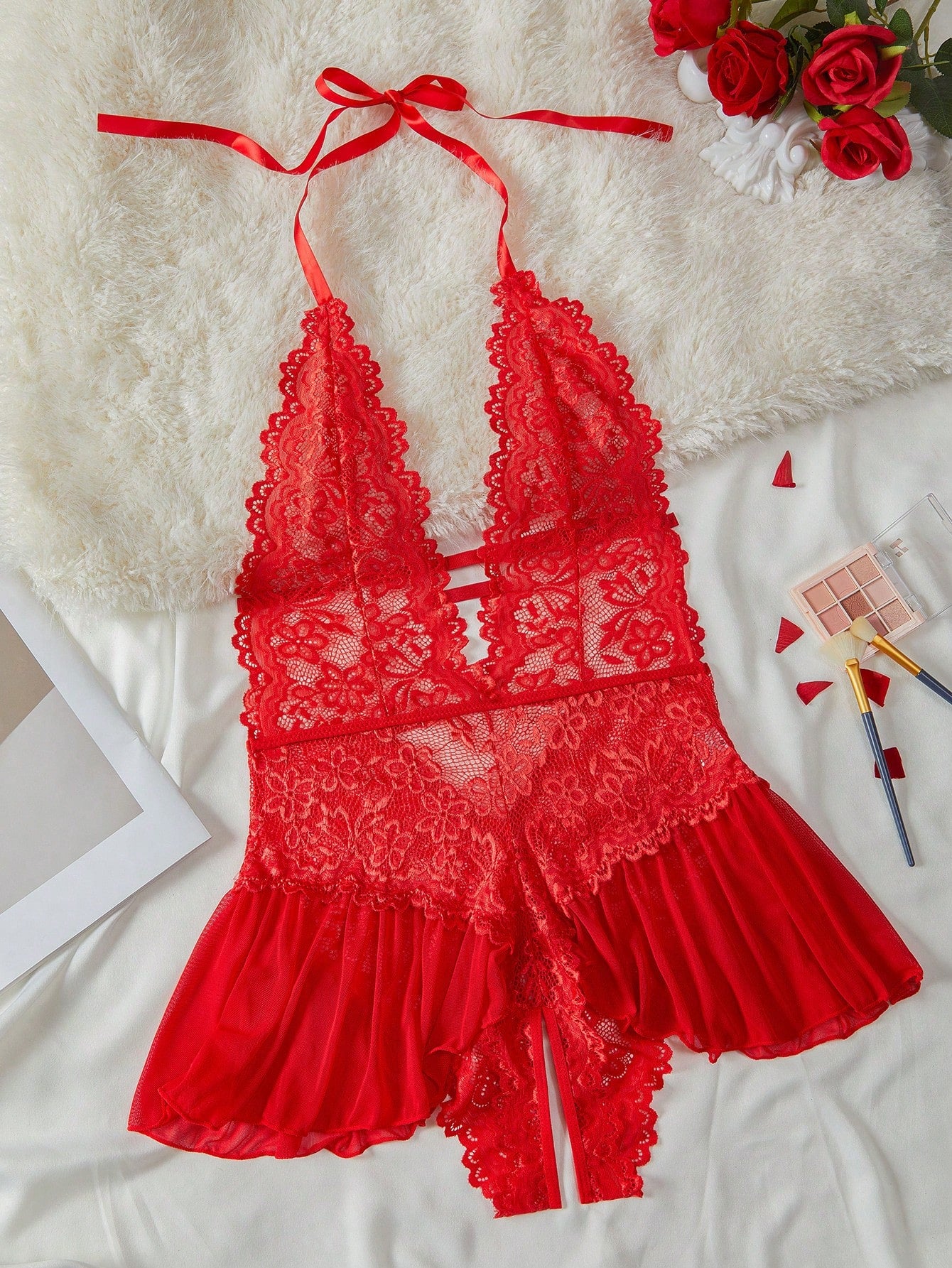 Floral lace halter teddy bodysuit lingerie with scallop trim, sheer backless design, crossback straps, triangle bra, and thong-style bottom in a 2-piece set.