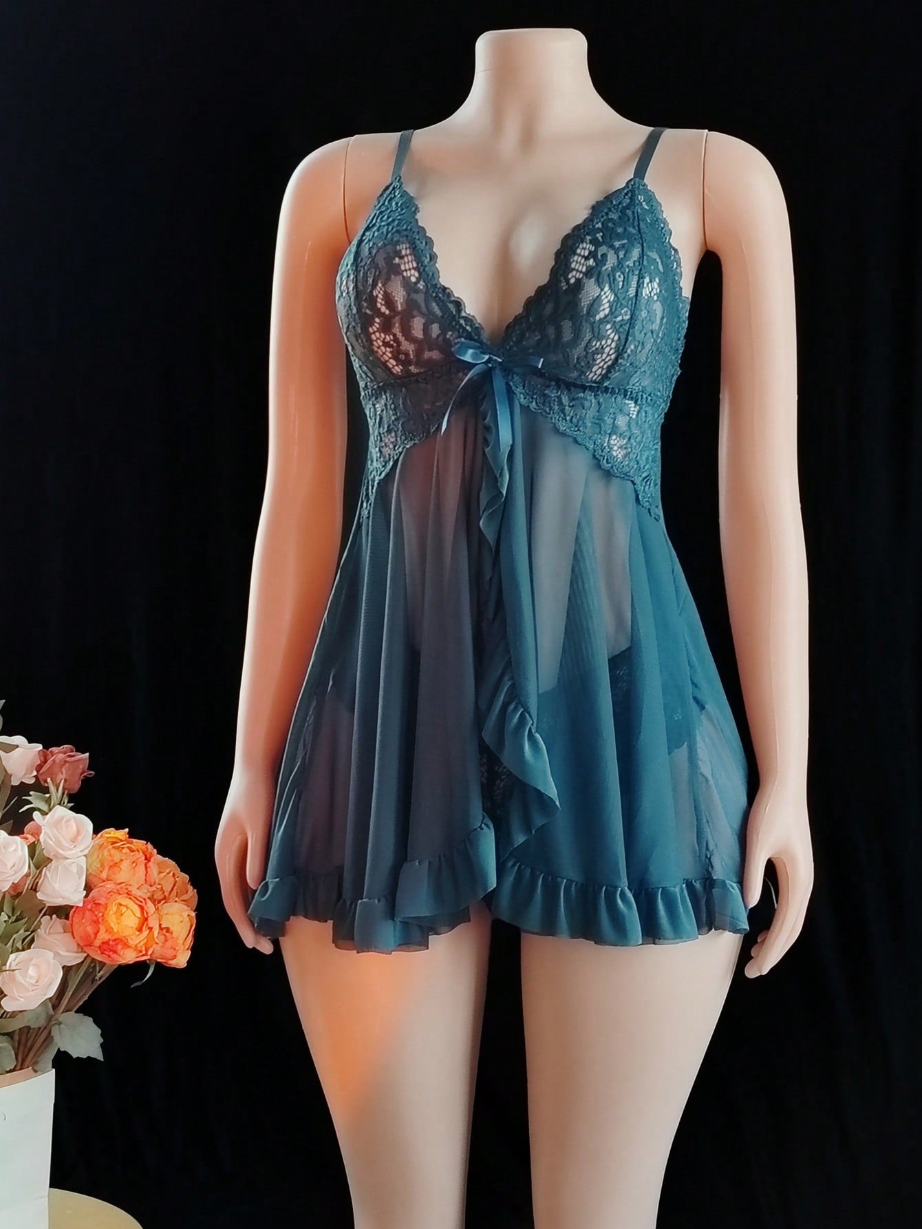 Contrast Lace Mesh Babydoll Sexy Lingerie Dress With Thong