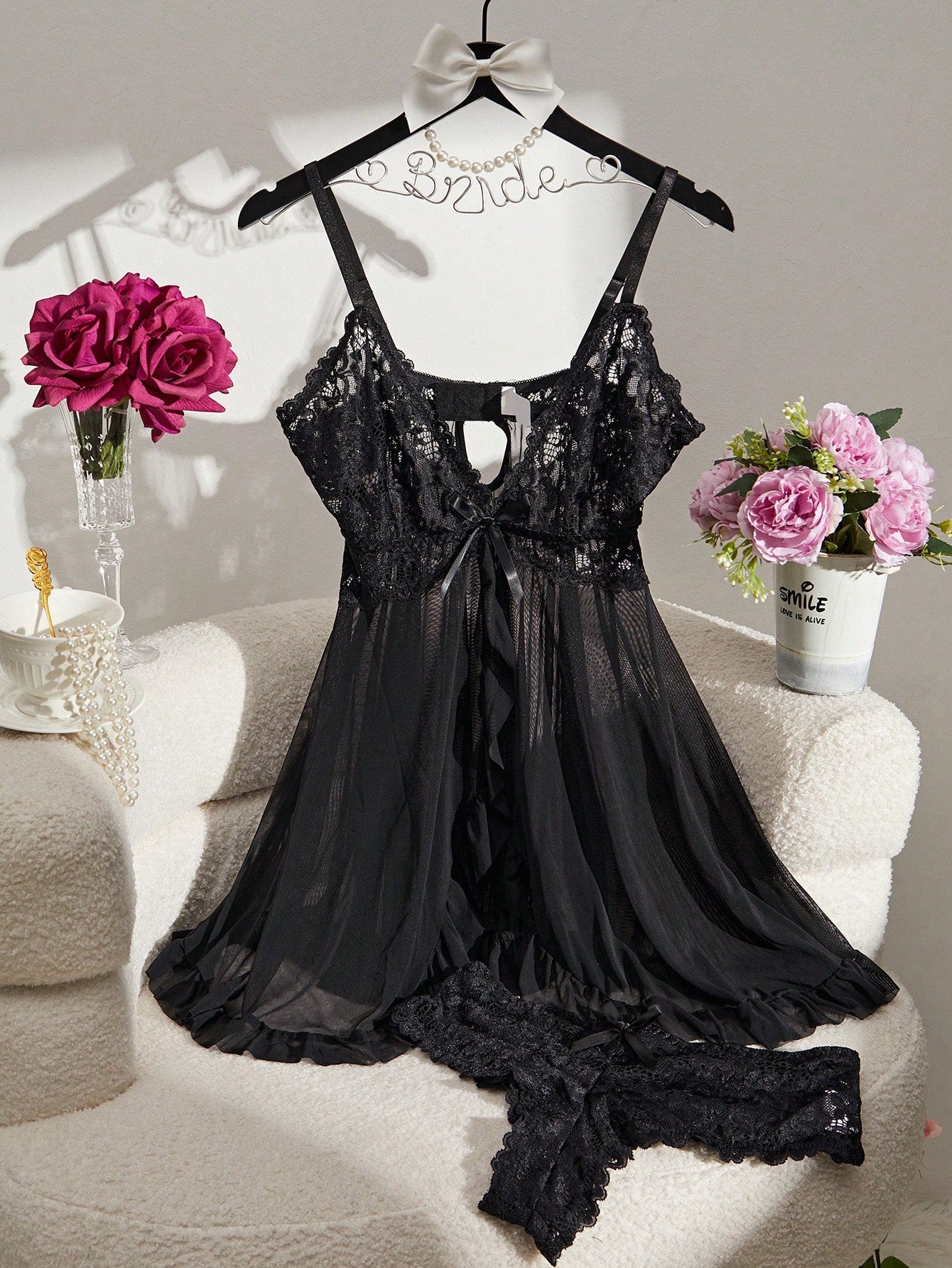 Contrast Lace Mesh Babydoll Sexy Lingerie Dress With Thong