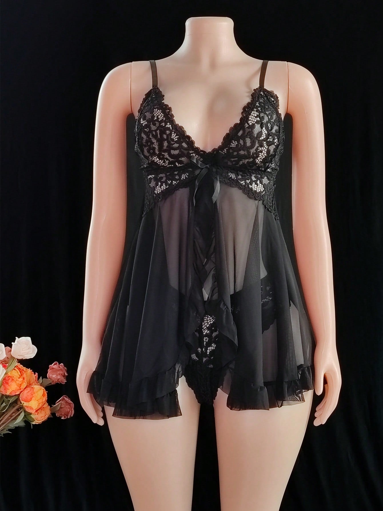 Contrast Lace Mesh Babydoll Sexy Lingerie Dress With Thong