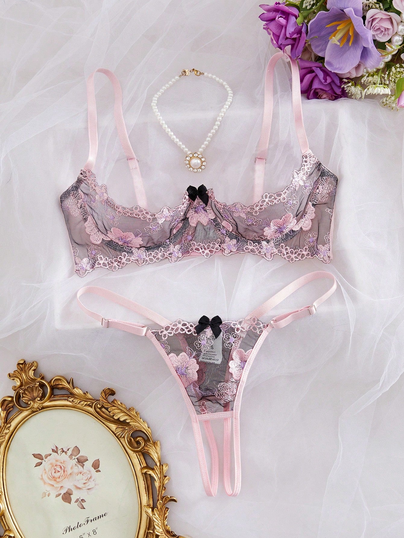 Kawaii Floral Embroidered Mesh Wire Padded Lingerie Set For Women, Sweet & Energetic, Rave