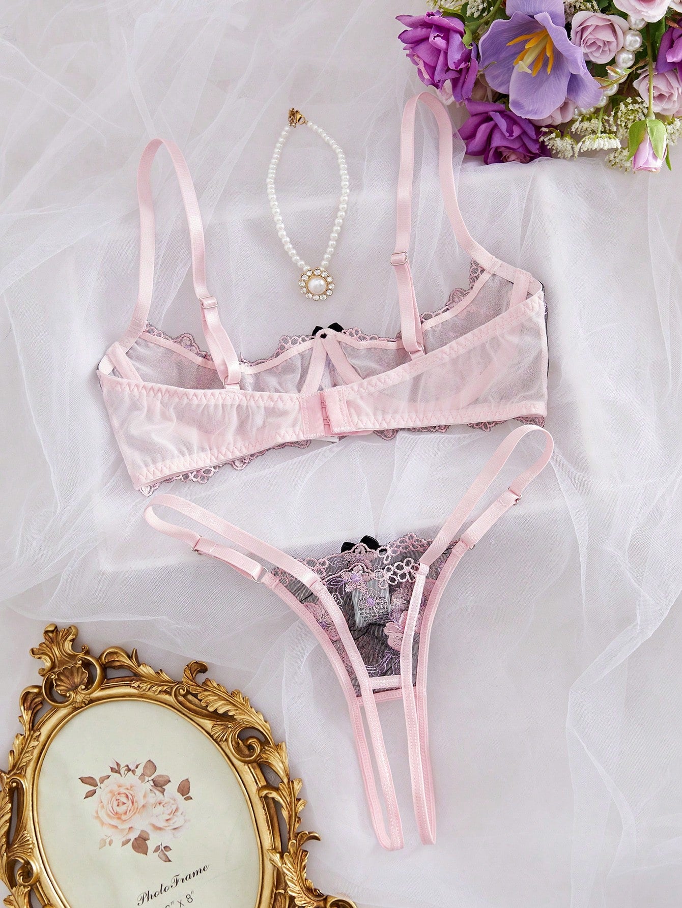 Kawaii Floral Embroidered Mesh Wire Padded Lingerie Set For Women, Sweet & Energetic, Rave