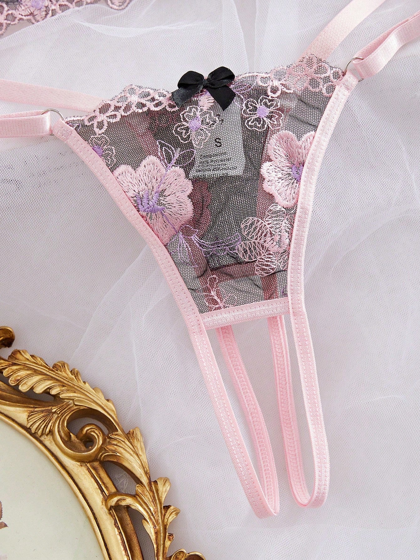 Kawaii Floral Embroidered Mesh Wire Padded Lingerie Set For Women, Sweet & Energetic, Rave