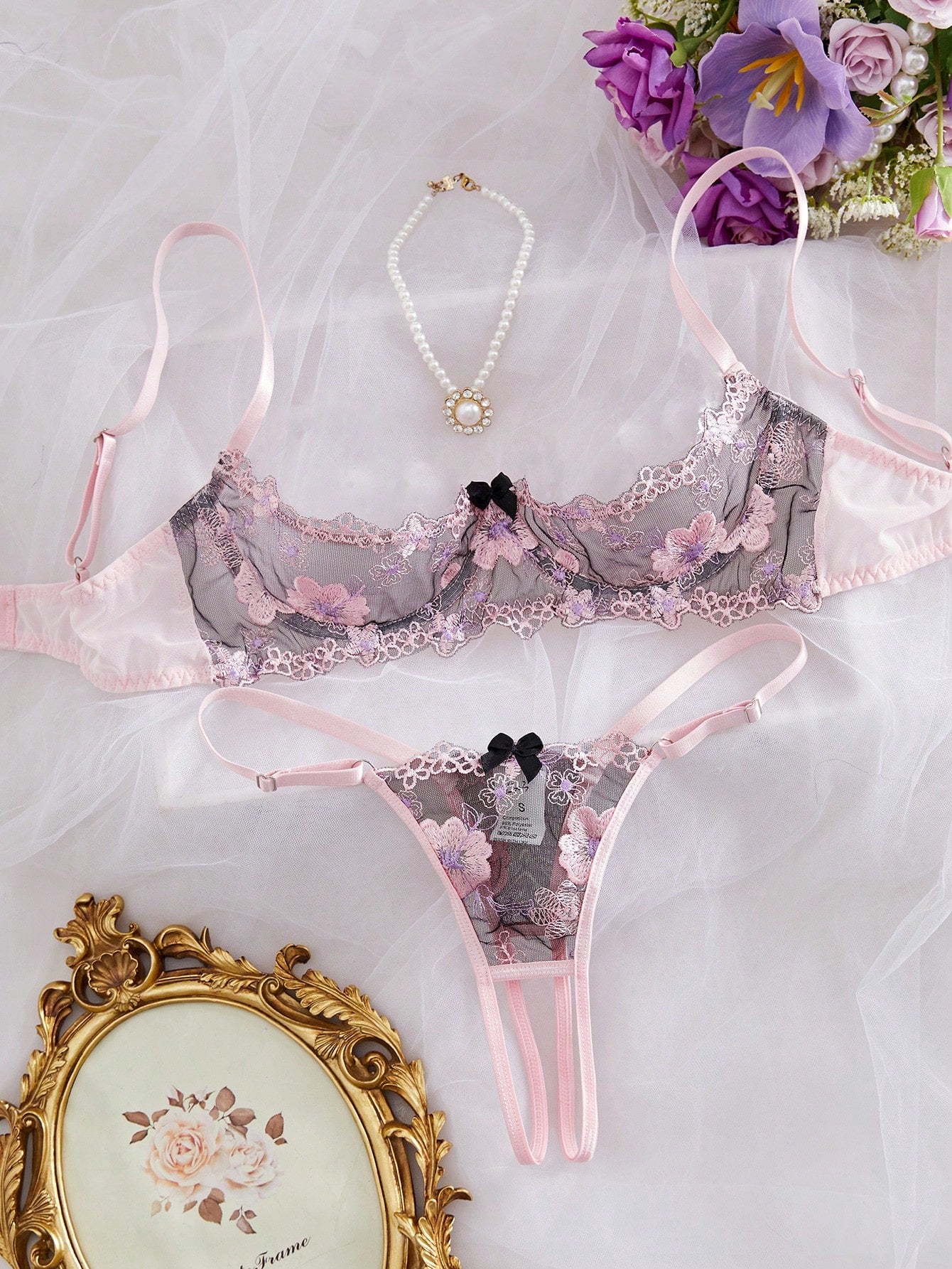 Kawaii Floral Embroidered Mesh Wire Padded Lingerie Set For Women, Sweet & Energetic, Rave