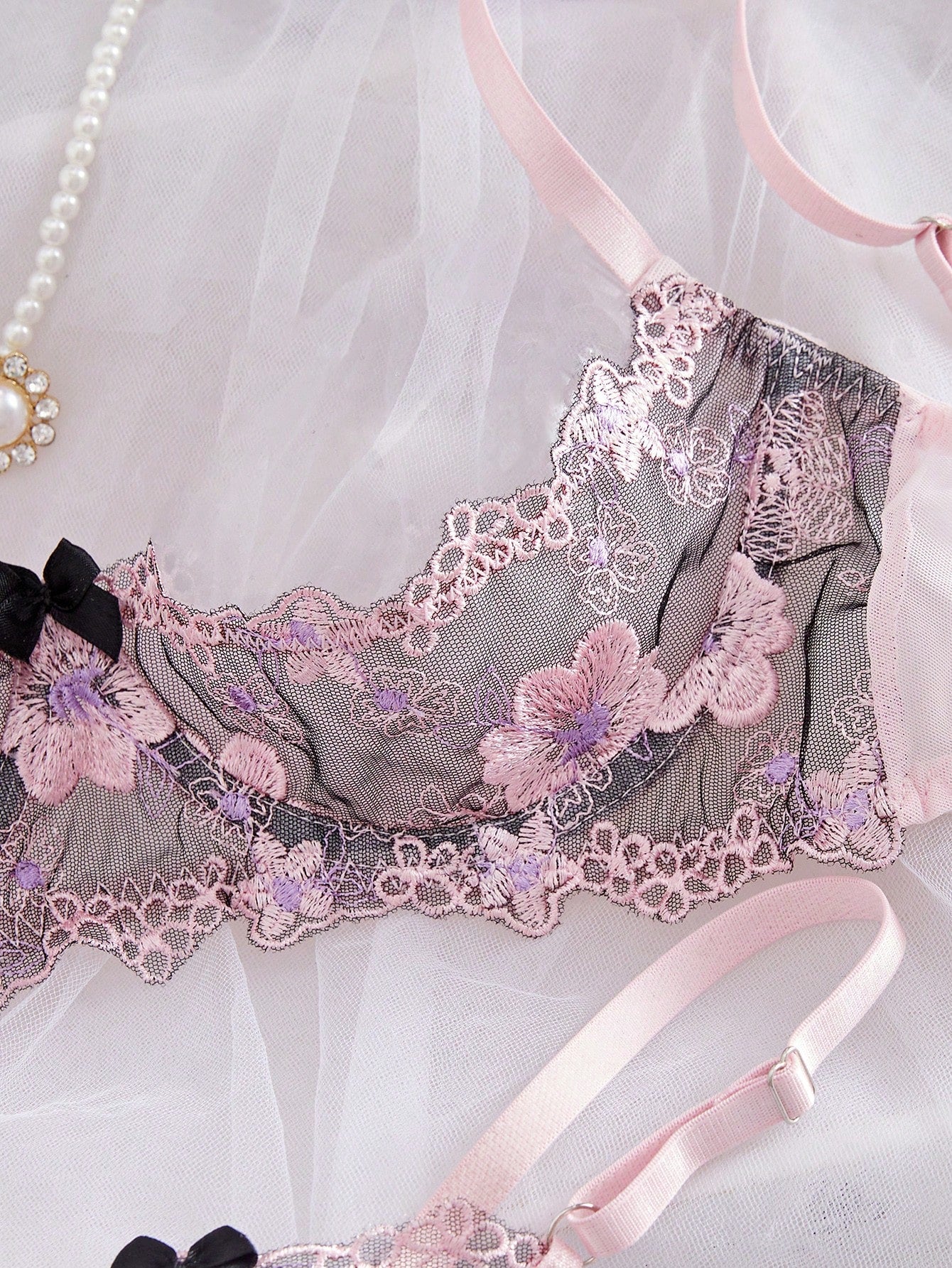 Kawaii Floral Embroidered Mesh Wire Padded Lingerie Set For Women, Sweet & Energetic, Rave