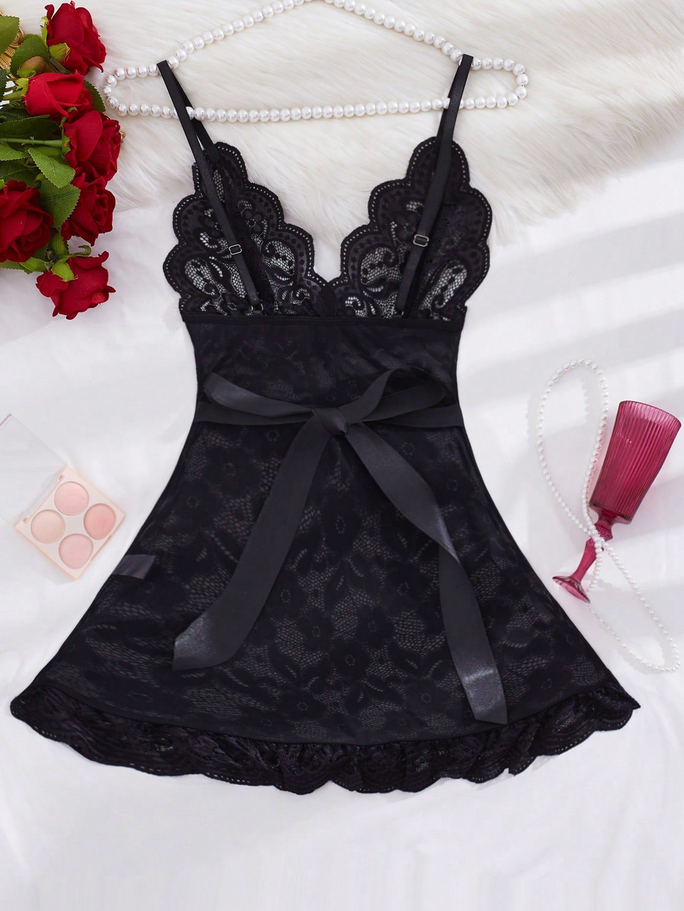 Women’s lace contrast mesh lingerie slip dress with sheer fabric, spaghetti straps, bow detail, and scallop trim.