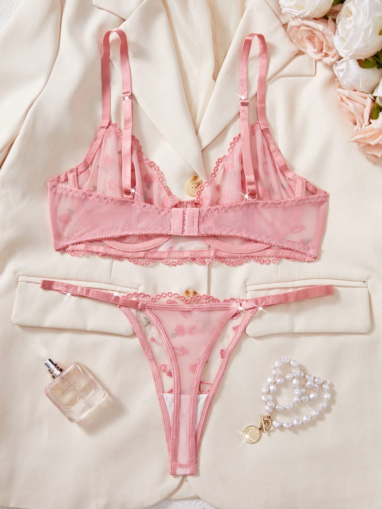 Kawaii 2pcs Women's Sexy Lingerie Set, Sheer Pink Mesh Embroidery Bra And Panty Set, Suitable For Valentine's Day And Dates