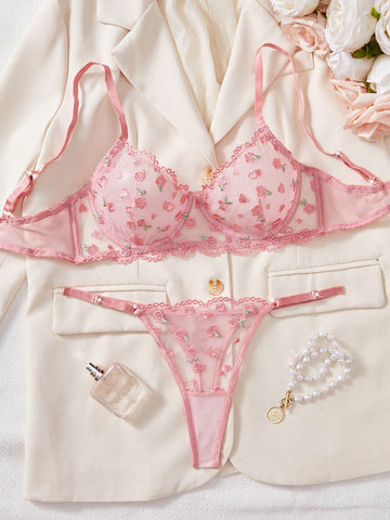 Kawaii 2pcs Women's Sexy Lingerie Set, Sheer Pink Mesh Embroidery Bra And Panty Set, Suitable For Valentine's Day And Dates