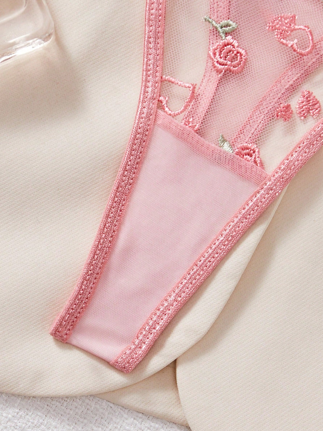 Kawaii 2pcs Women's Sexy Lingerie Set, Sheer Pink Mesh Embroidery Bra And Panty Set, Suitable For Valentine's Day And Dates