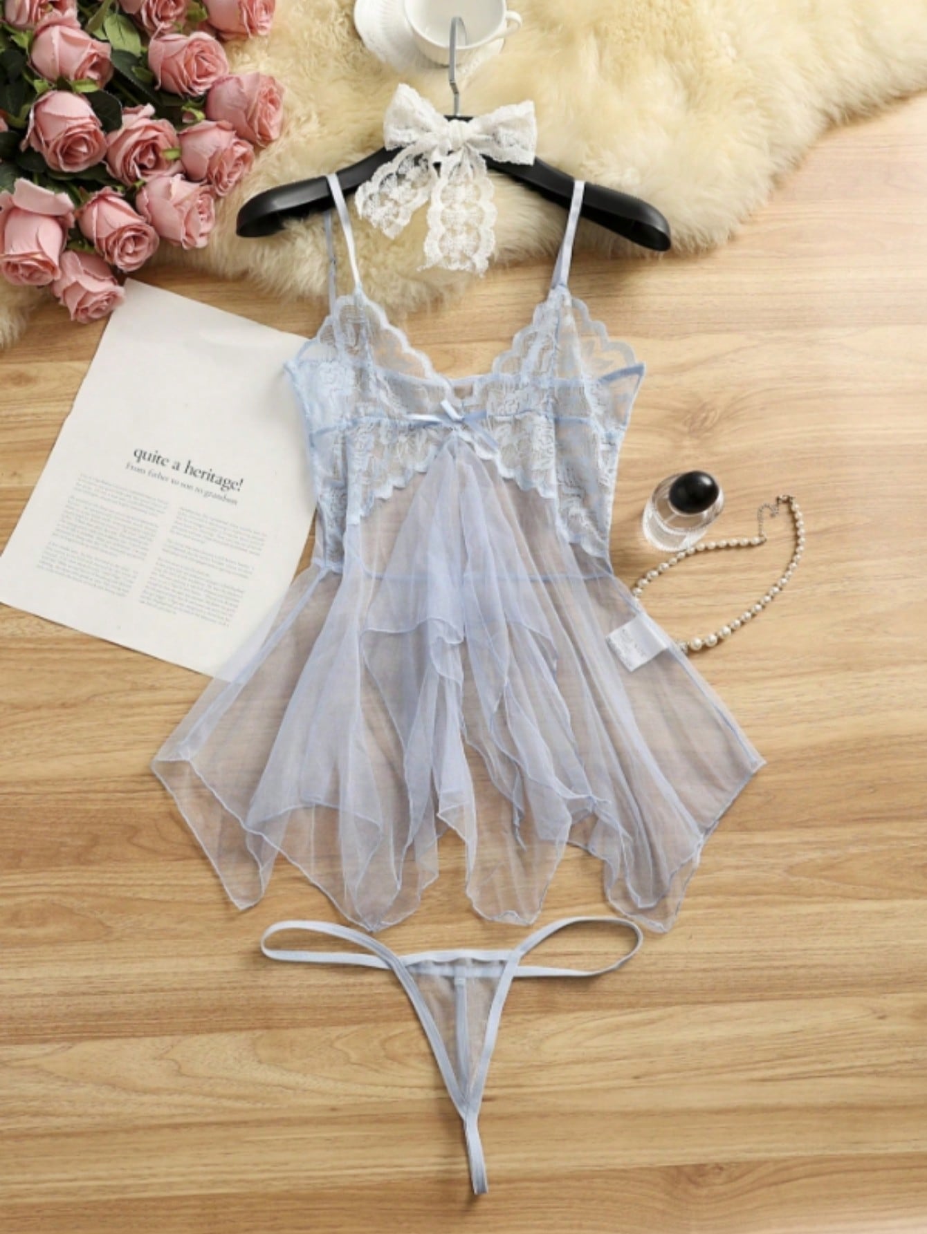 Kawaii 2pcs Sexy Sheer Mesh Camisole Nightgown Lingerie Set For Women
