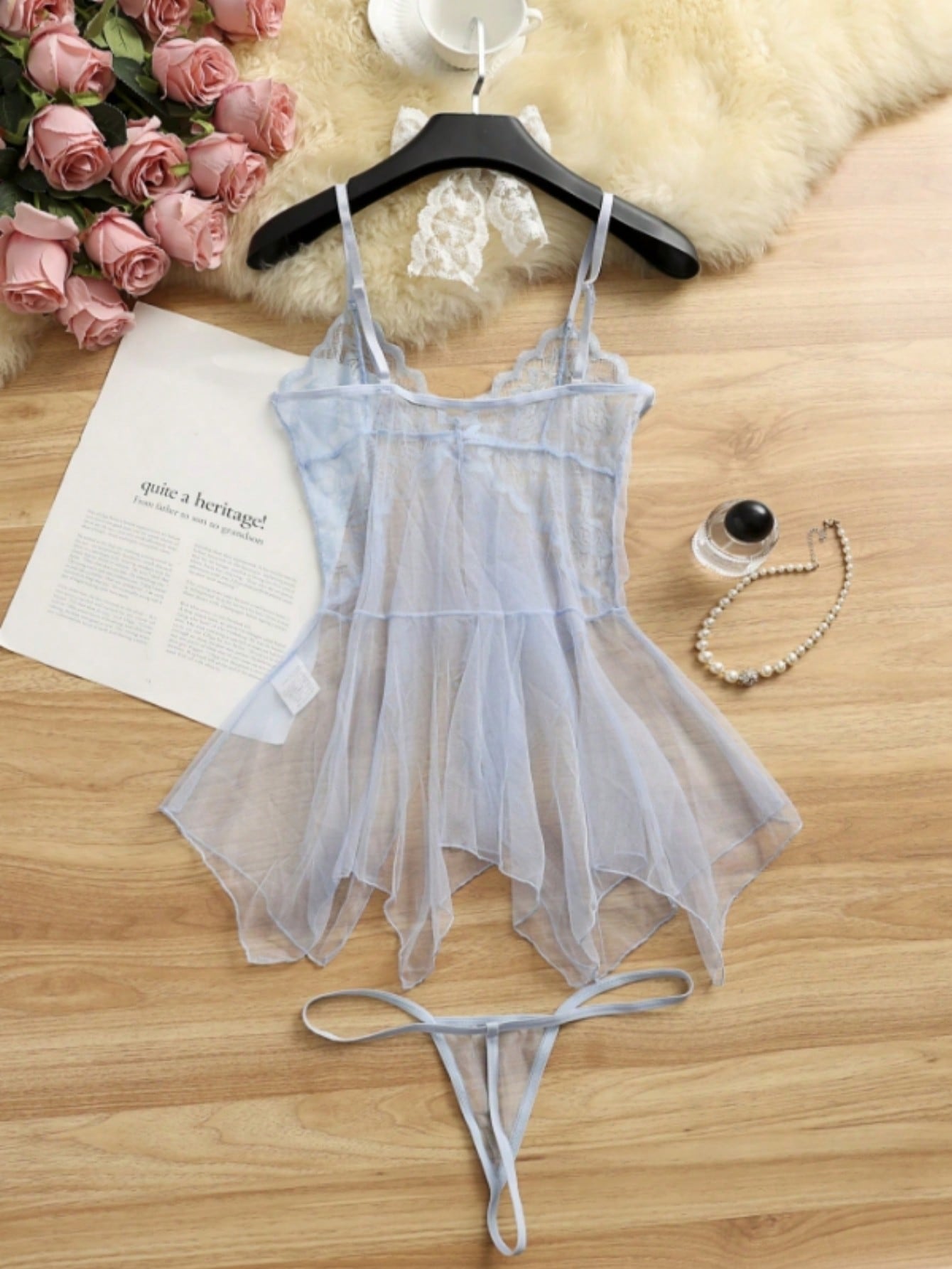 Kawaii 2pcs Sexy Sheer Mesh Camisole Nightgown Lingerie Set For Women