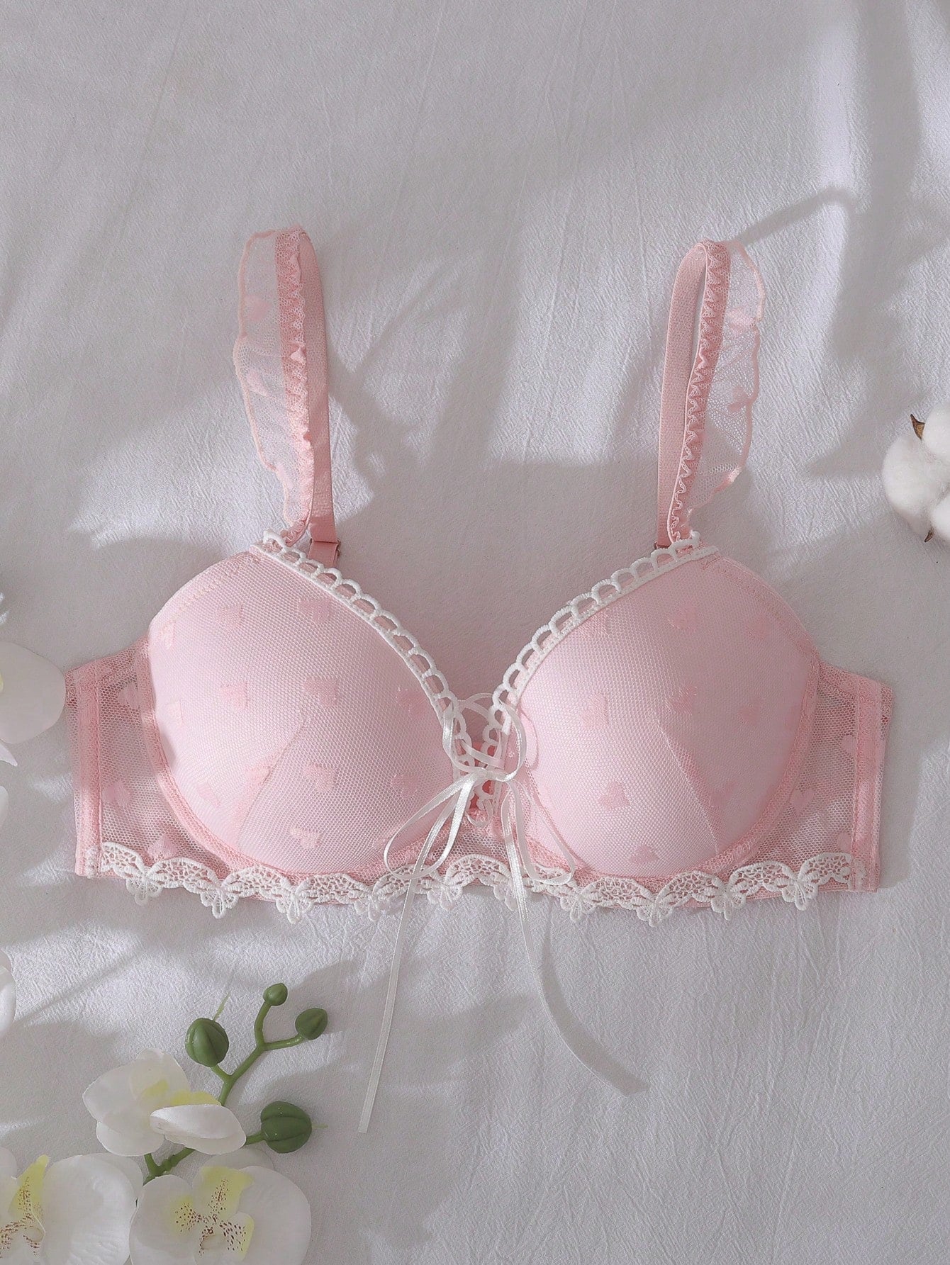 3/4 Cup Push Up Bra With Criss-Cross Straps, Bow Accent, Heart-Shaped Sheer Panel, Floral Embroidery, Ruffle Trim