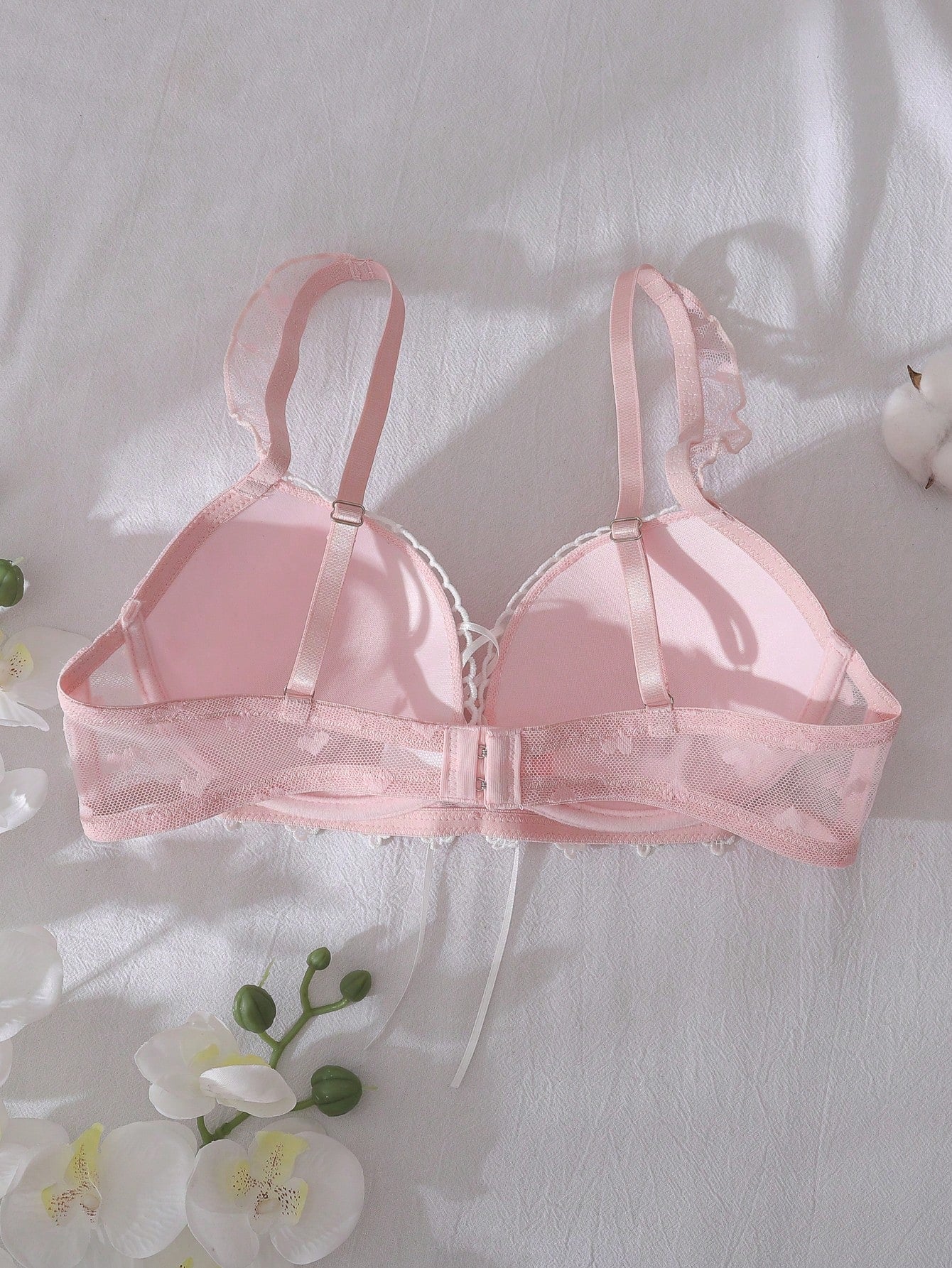 3/4 Cup Push Up Bra With Criss-Cross Straps, Bow Accent, Heart-Shaped Sheer Panel, Floral Embroidery, Ruffle Trim