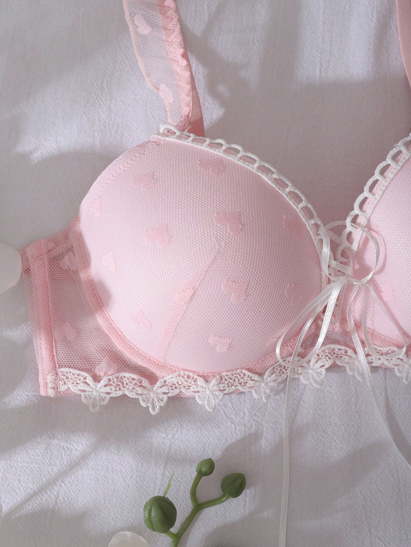 3/4 Cup Push Up Bra With Criss-Cross Straps, Bow Accent, Heart-Shaped Sheer Panel, Floral Embroidery, Ruffle Trim