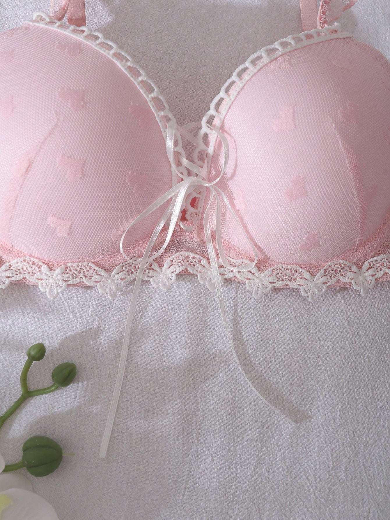 3/4 Cup Push Up Bra With Criss-Cross Straps, Bow Accent, Heart-Shaped Sheer Panel, Floral Embroidery, Ruffle Trim