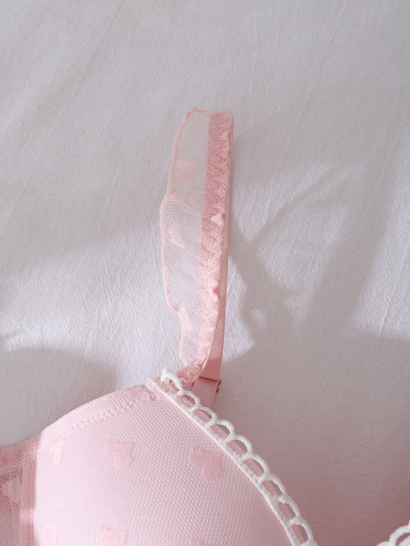 3/4 Cup Push Up Bra With Criss-Cross Straps, Bow Accent, Heart-Shaped Sheer Panel, Floral Embroidery, Ruffle Trim