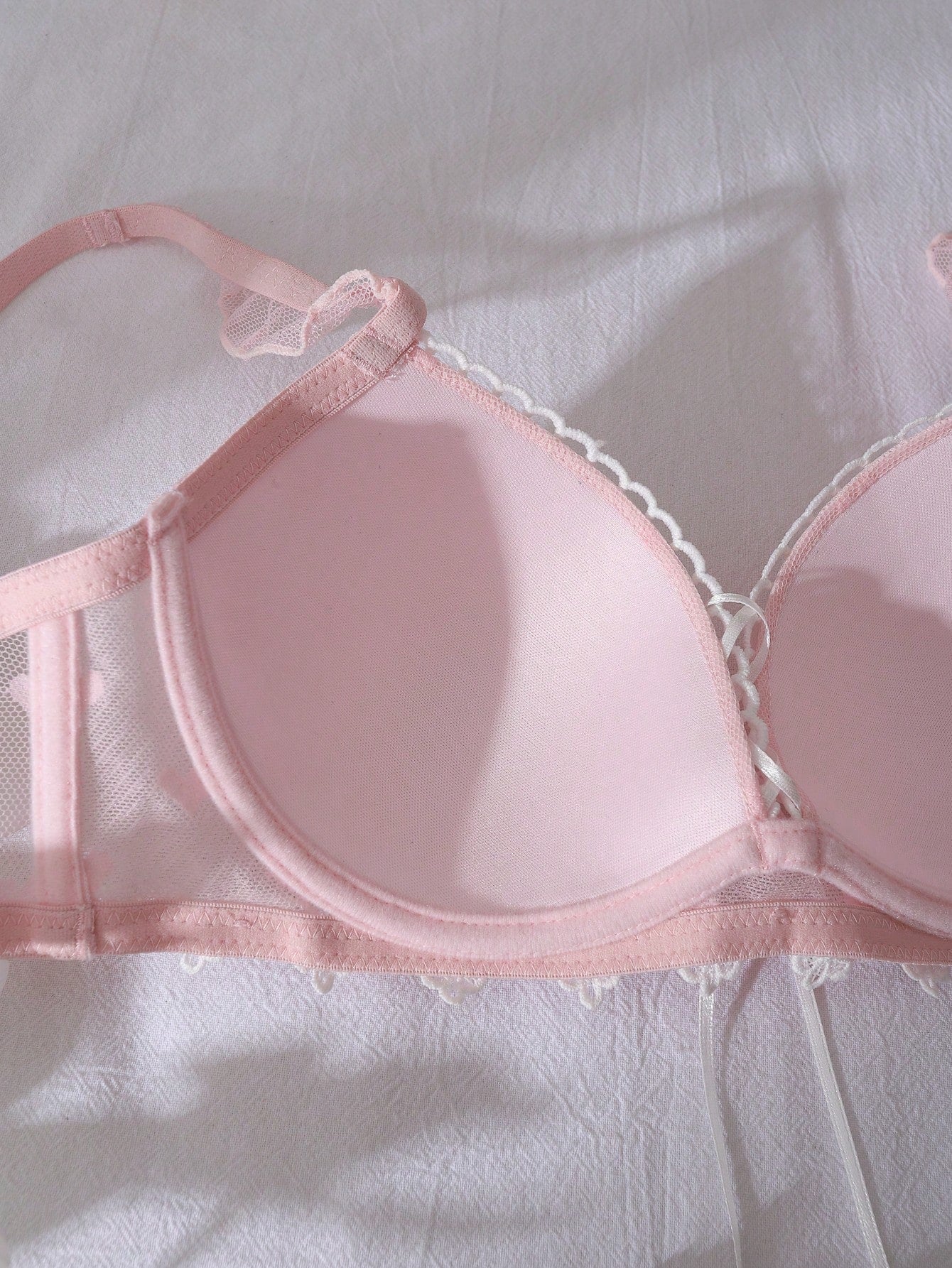 3/4 Cup Push Up Bra With Criss-Cross Straps, Bow Accent, Heart-Shaped Sheer Panel, Floral Embroidery, Ruffle Trim