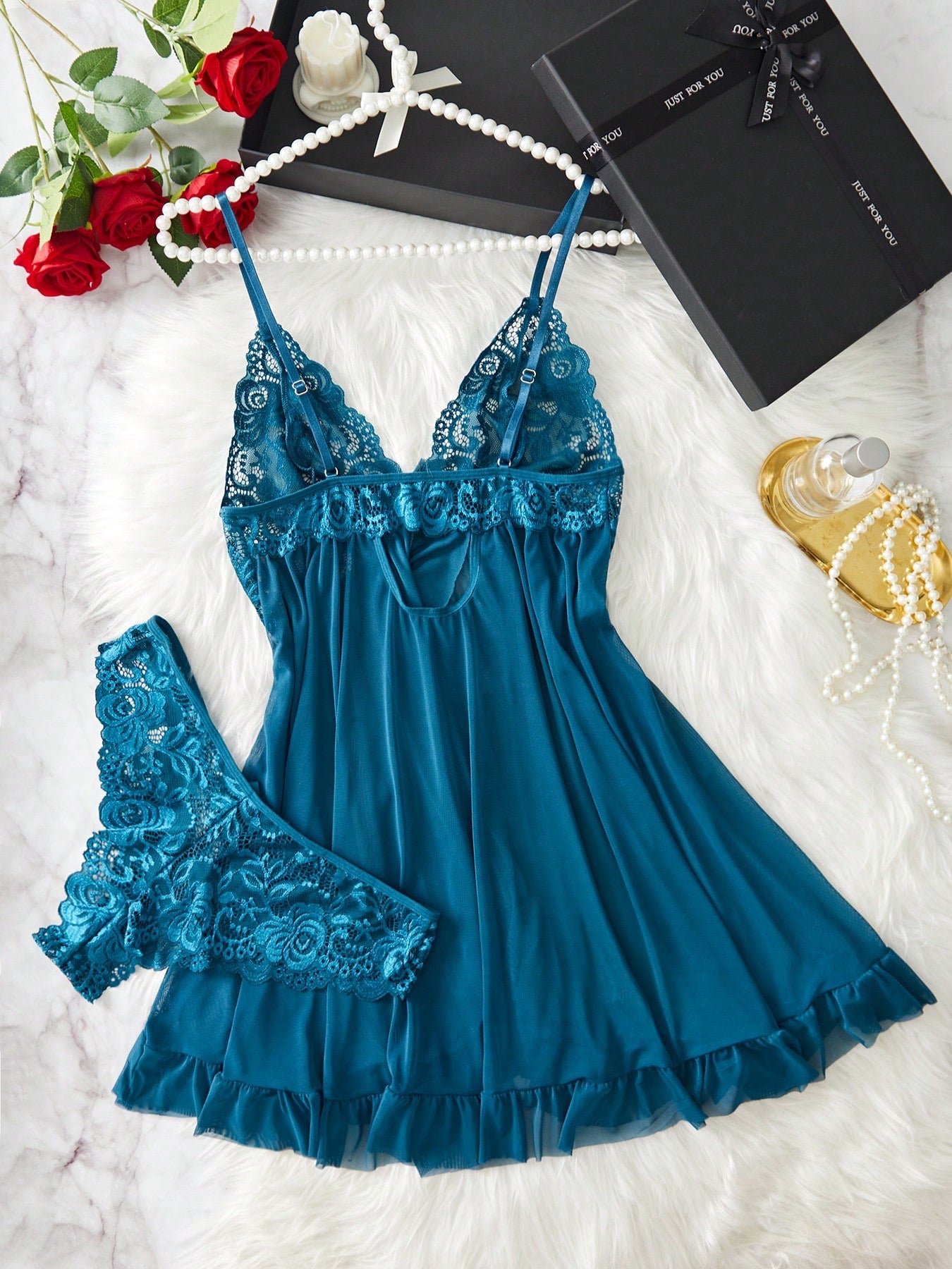 Plus Size Sexy Lace Mesh Patchwork Ruffles Front Slit Adjustable Strap Dress Set