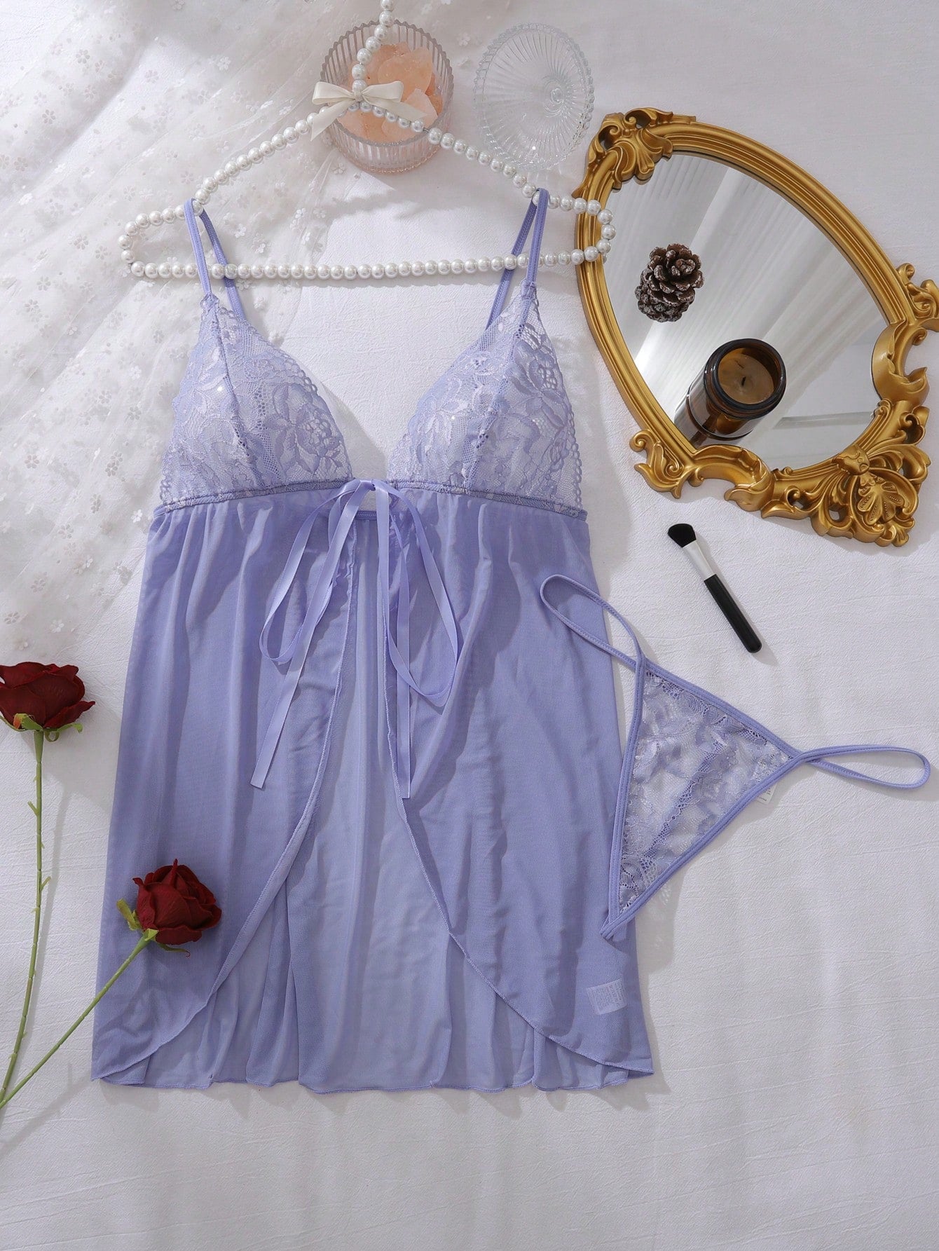 Contrast lace mesh tie-front babydoll lingerie dress with adjustable spaghetti straps, triangle cup bralette styling, and a matching low-rise thong in a 2-piece set.