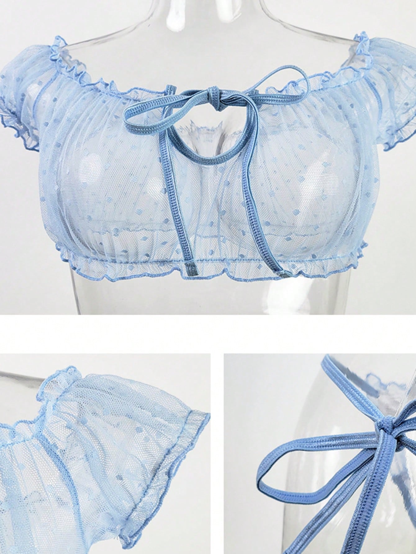 Dobby Mesh Ruffle Off-Shoulder Tie-Up Lingerie Set