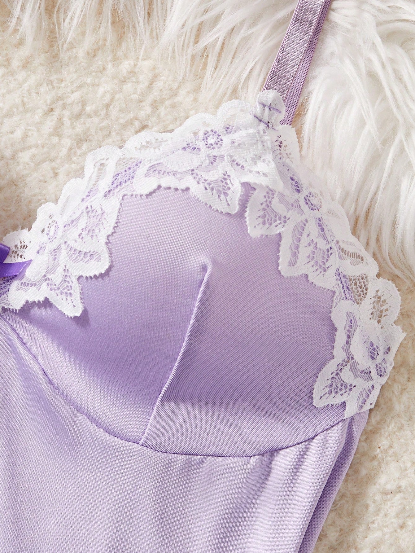 Kawaii V-Neck Lace Patchwork Contrast Color Split Hem Fashionable Charming Design Women's Nightgown With Thong, Sexy Women's Lingerie, Spaghetti Strap Erotic Dress For Going Out