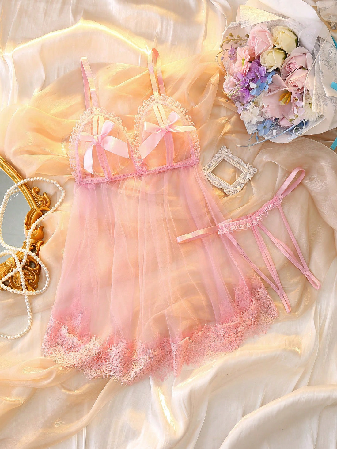 Lace Patchwork Sheer Bow Contrast Color Nightdress Lingerie Babydoll Lingerie Pink Lingerie Set Summer Babydoll Dress For Going Out Cozy