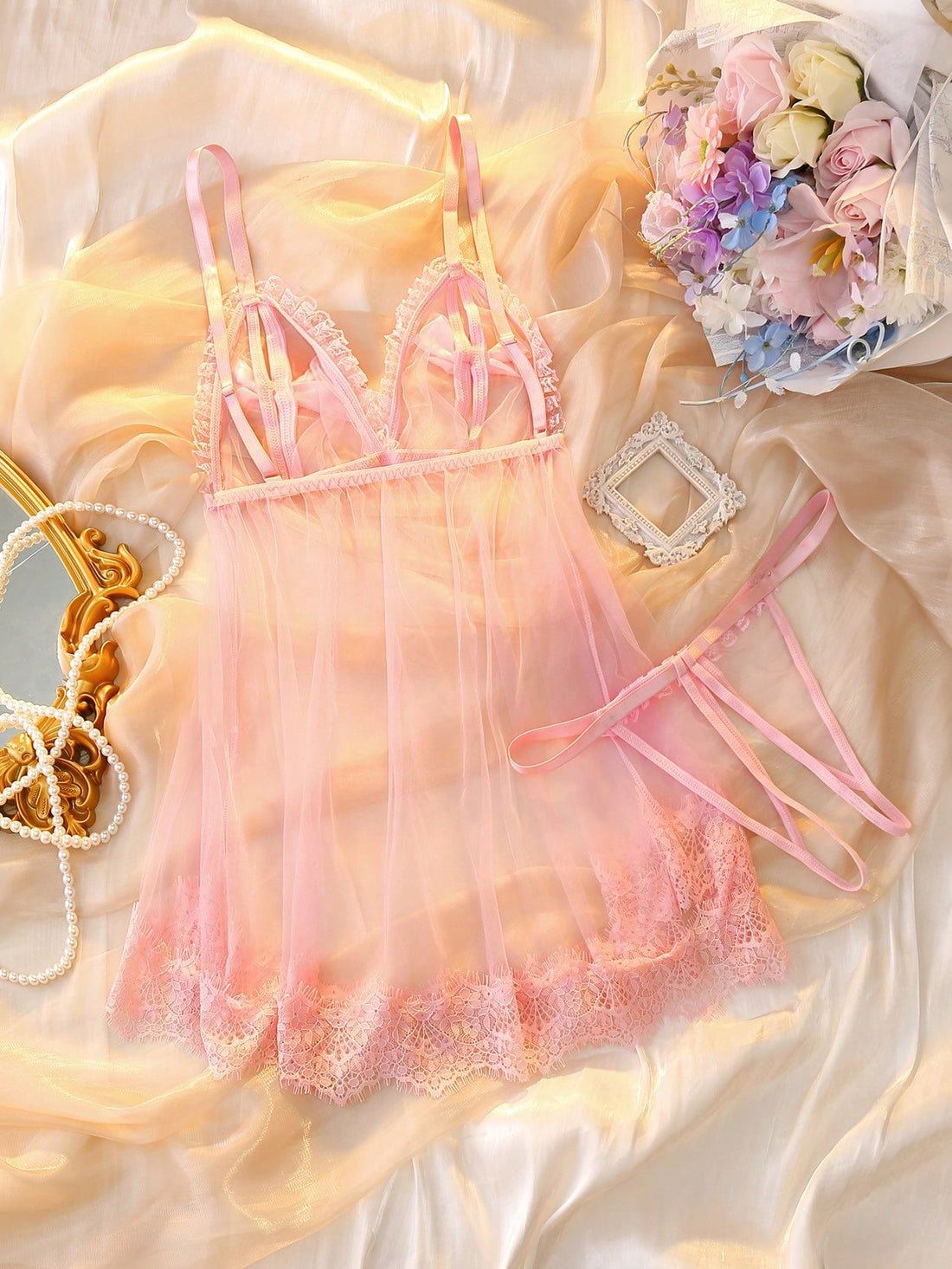 Lace Patchwork Sheer Bow Contrast Color Nightdress Lingerie Babydoll Lingerie Pink Lingerie Set Summer Babydoll Dress For Going Out Cozy