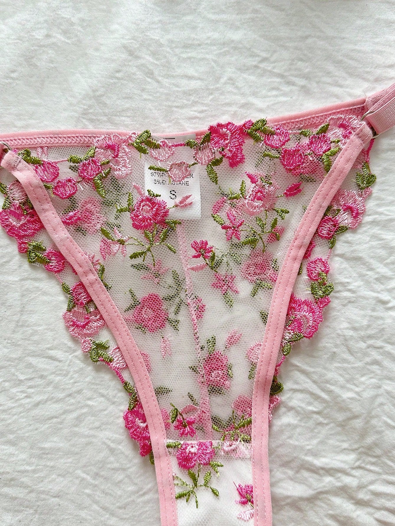 Romantic And Sexy Lace Transparent Pink Floral Embroidery Lingerie Set