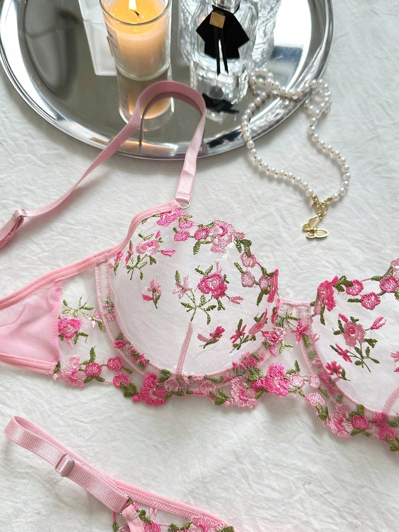 Romantic And Sexy Lace Transparent Pink Floral Embroidery Lingerie Set
