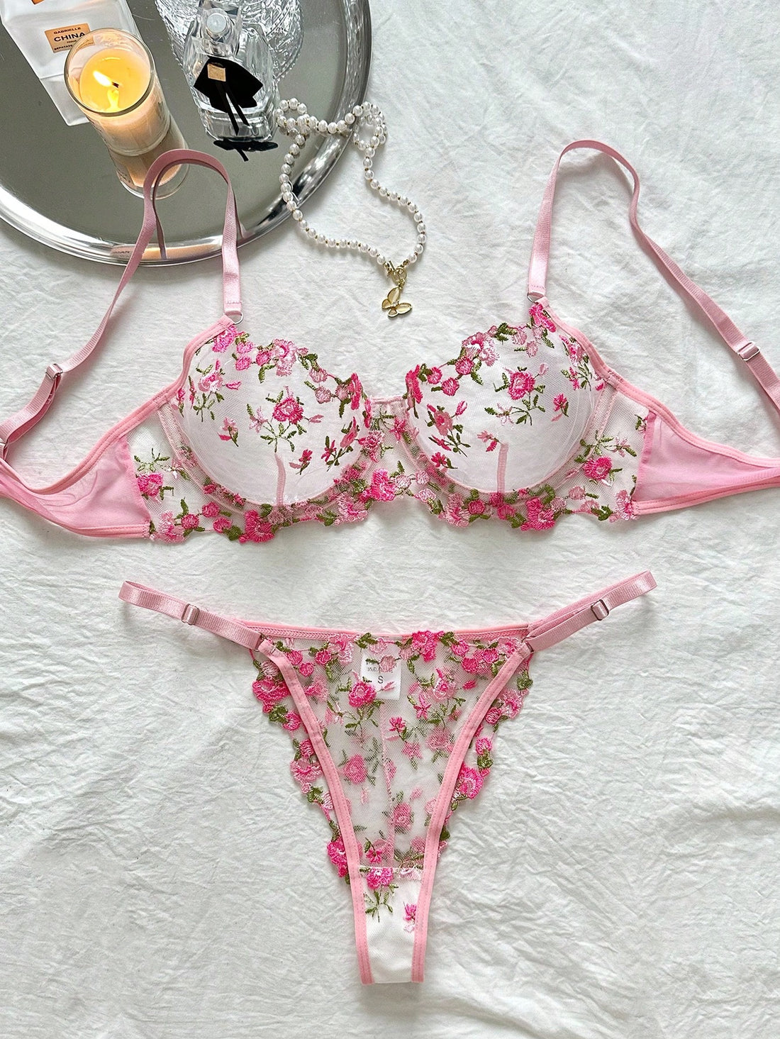 Romantic And Sexy Lace Transparent Pink Floral Embroidery Lingerie Set