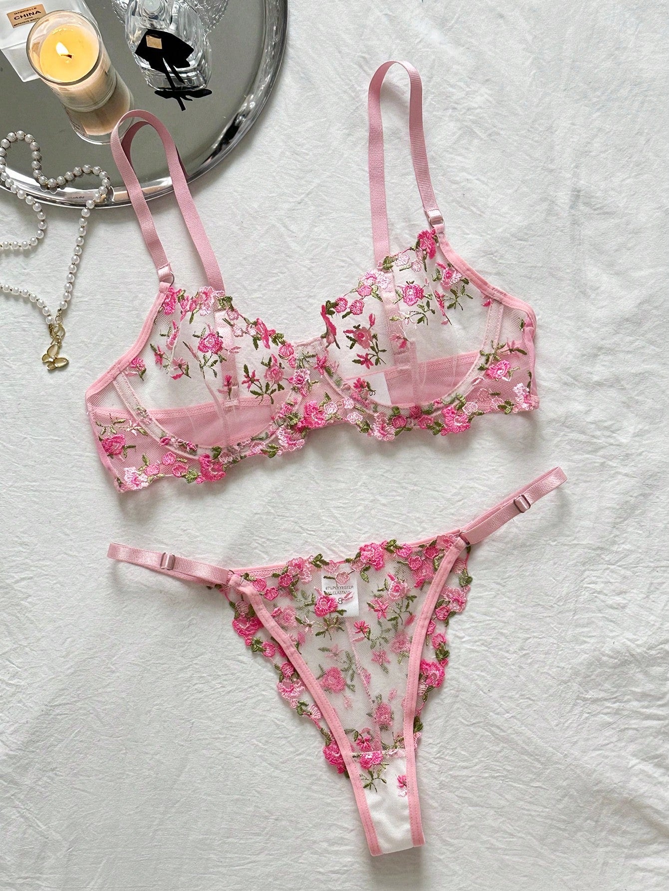 Romantic And Sexy Lace Transparent Pink Floral Embroidery Lingerie Set