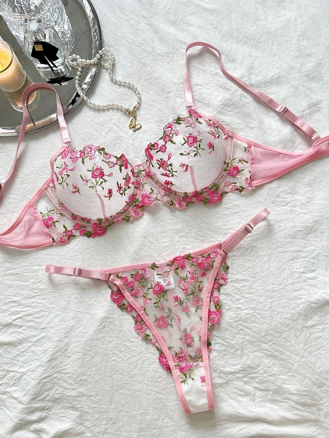 Romantic And Sexy Lace Transparent Pink Floral Embroidery Lingerie Set