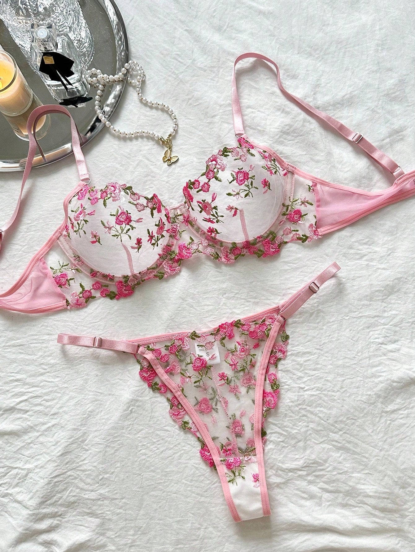 Romantic And Sexy Lace Transparent Pink Floral Embroidery Lingerie Set