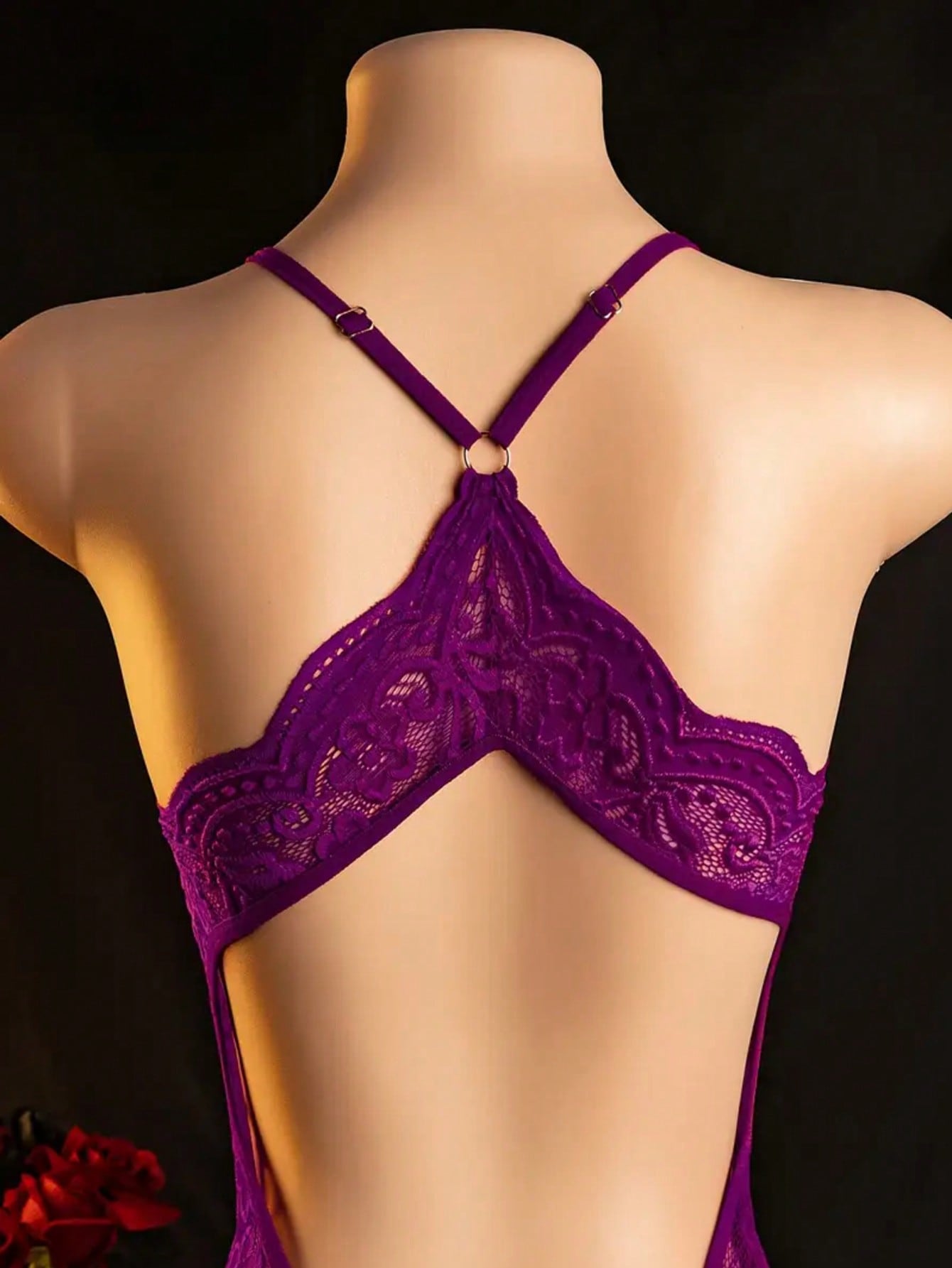 Women's sexy bodysuit with crotchless, hollow-out design, featuring contrast lace and mesh, spaghetti straps, crossback detail, plunge wireless shape, and semi-sheer fabric.
