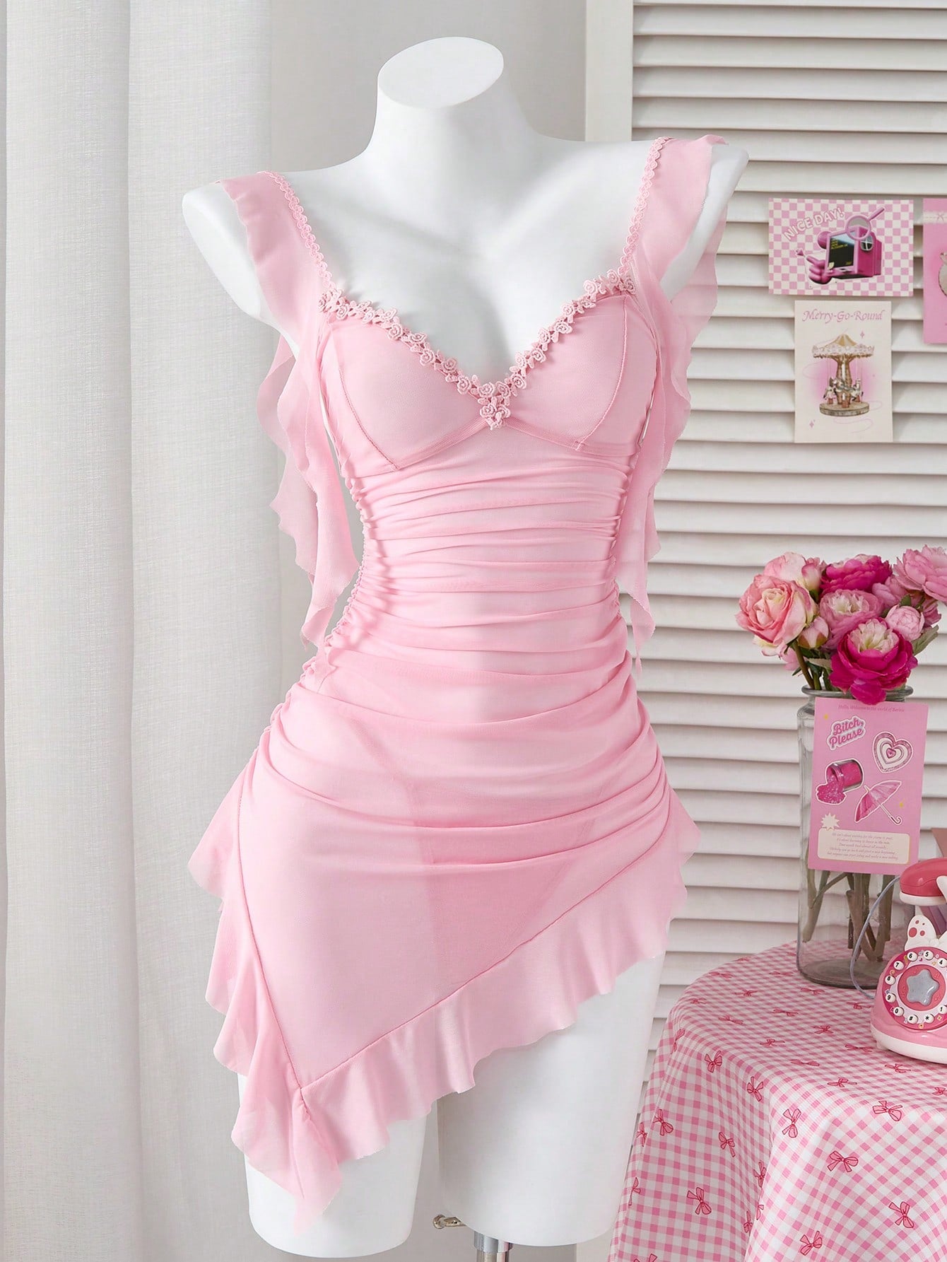 2pcs Set Sheer Ruffle Asymmetrical Hem Mini Dress, Going Out Sheer Lingerie Set
