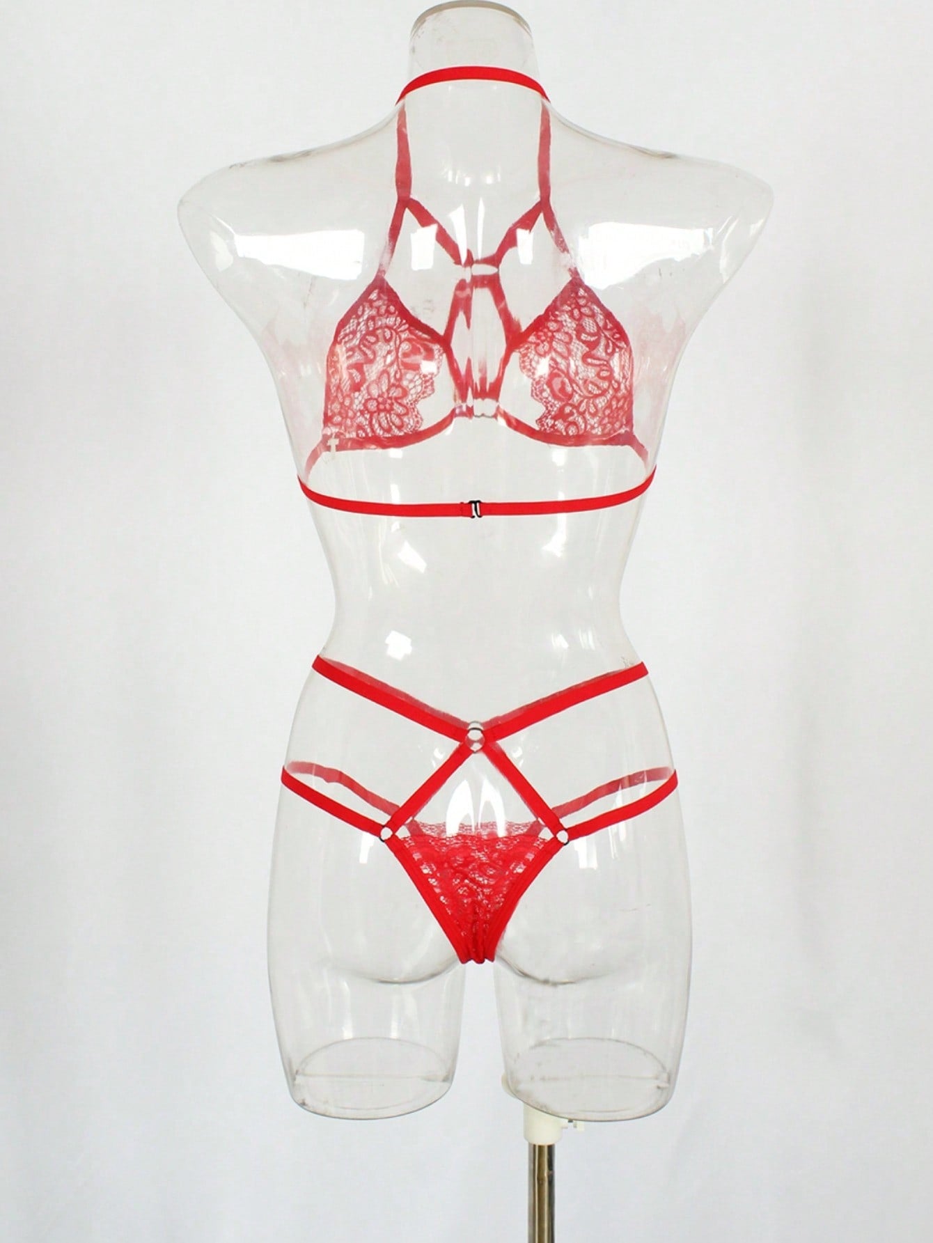 Red lace and mesh women's lingerie set with adjustable strap bralette and low-rise thong, semi-sheer plant pattern design