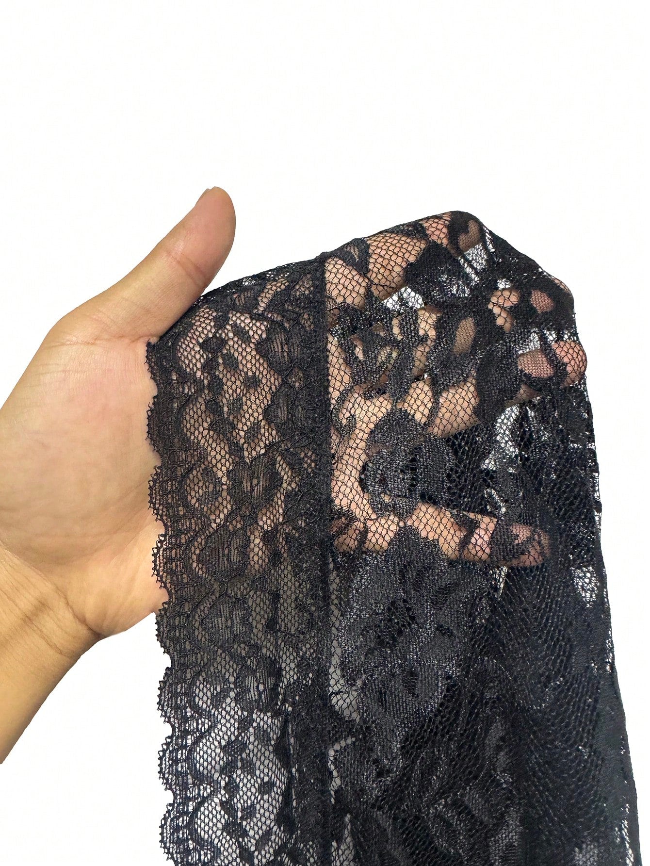 Black floral lace sheer robe with a belted waist, deep V neckline, long flare sleeves, and short length; sold without lingerie set.