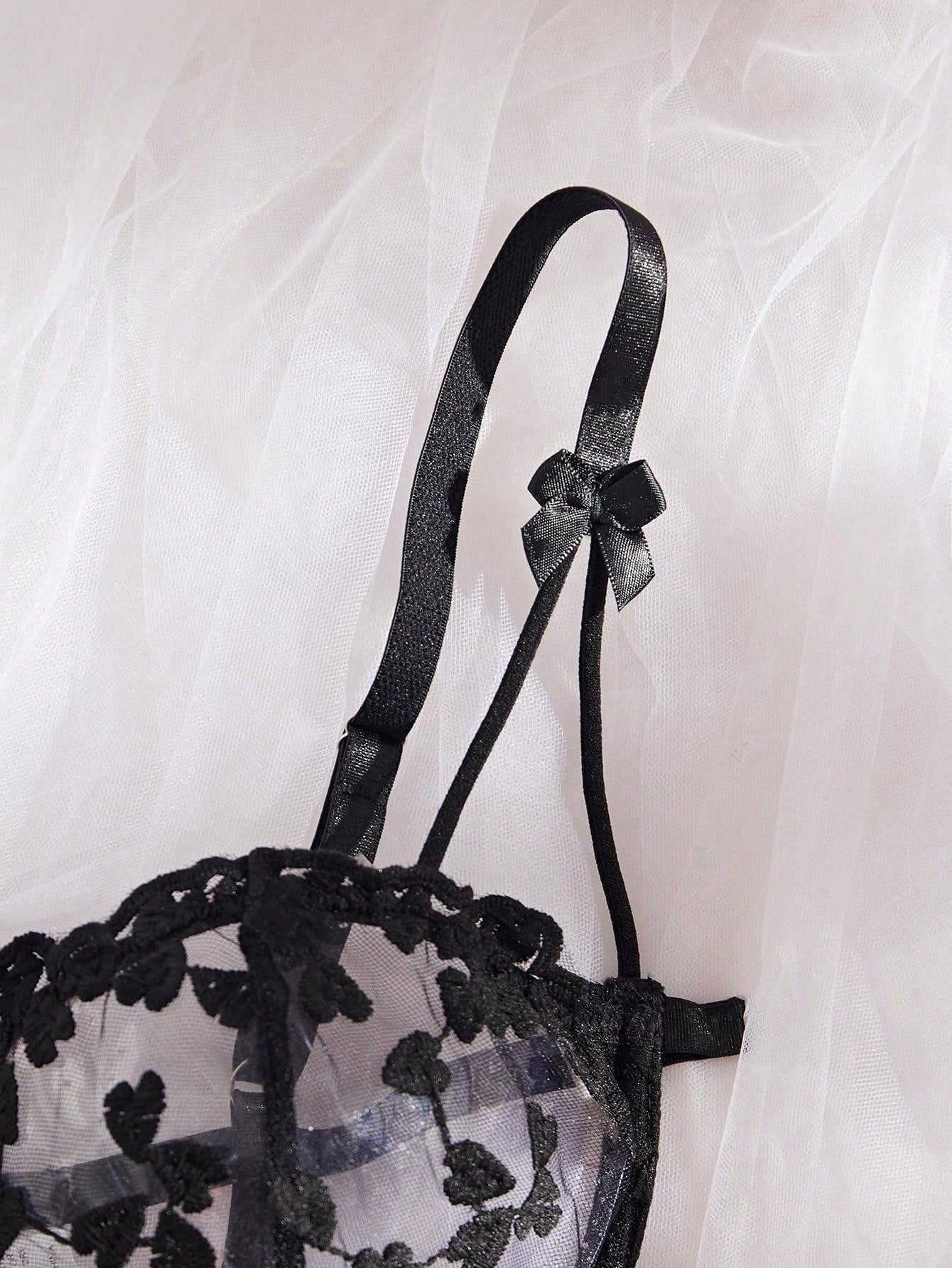 Kawaii Women Solid Embroidered Sheer Strap Bra And G-String Sexy Lingerie Set, Rave