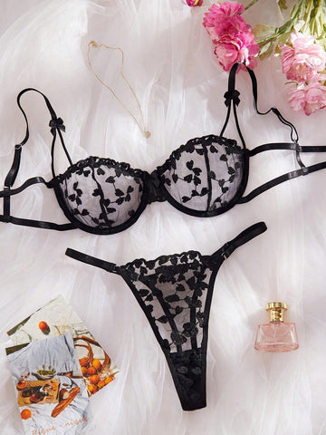 Kawaii Women Solid Embroidered Sheer Strap Bra And G-String Sexy Lingerie Set, Rave