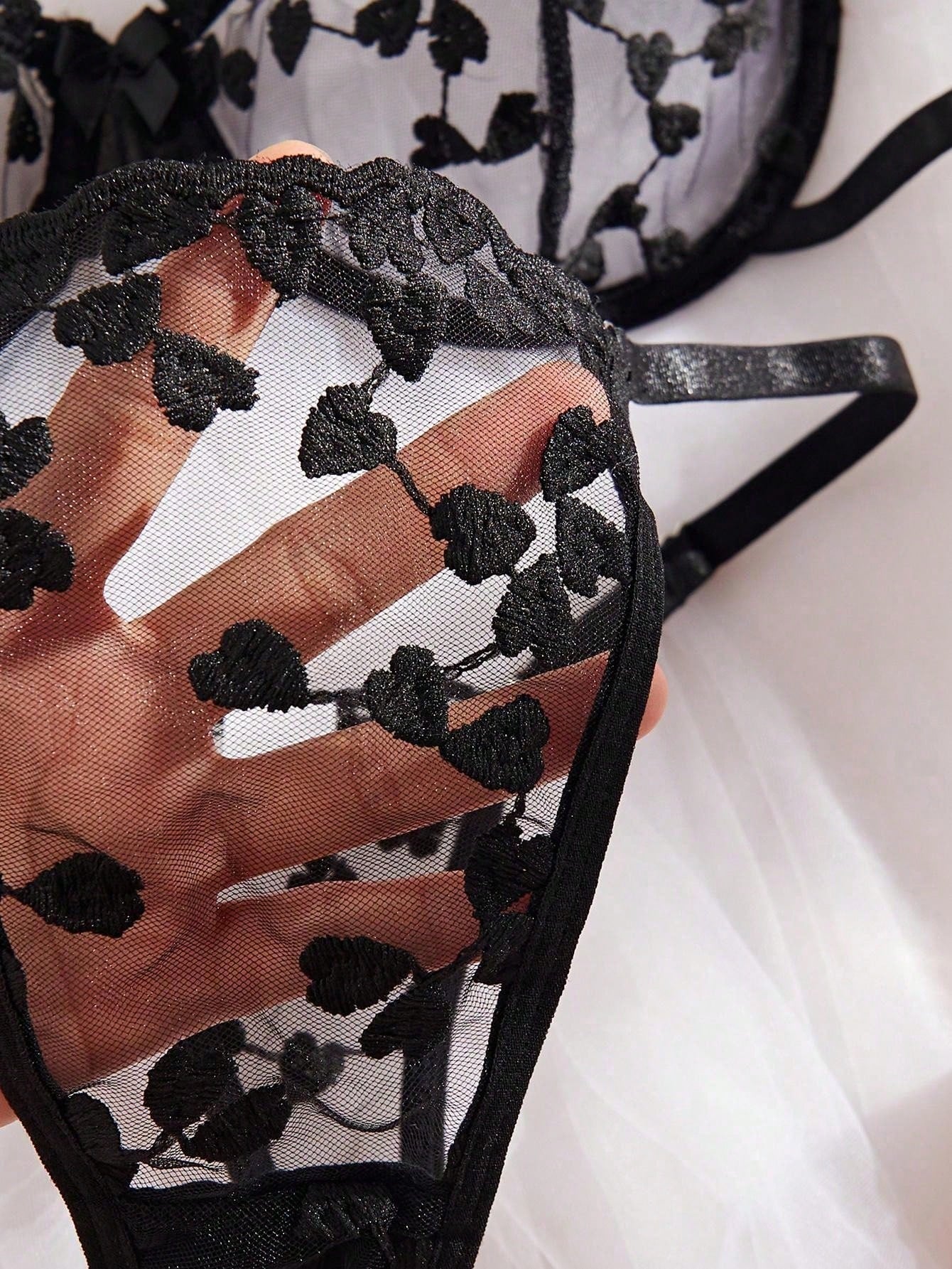 Kawaii Women Solid Embroidered Sheer Strap Bra And G-String Sexy Lingerie Set, Rave