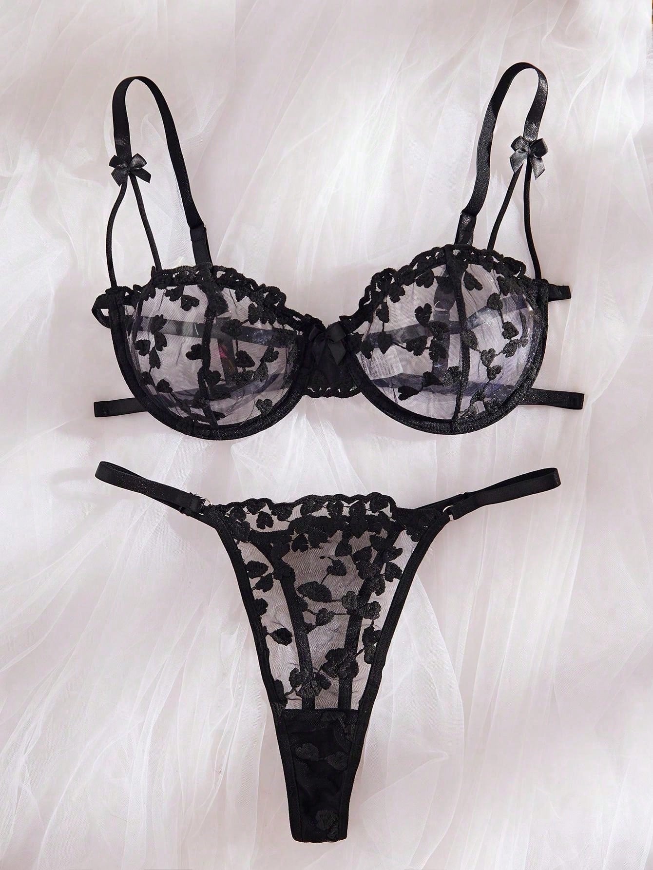 Kawaii Women Solid Embroidered Sheer Strap Bra And G-String Sexy Lingerie Set, Rave