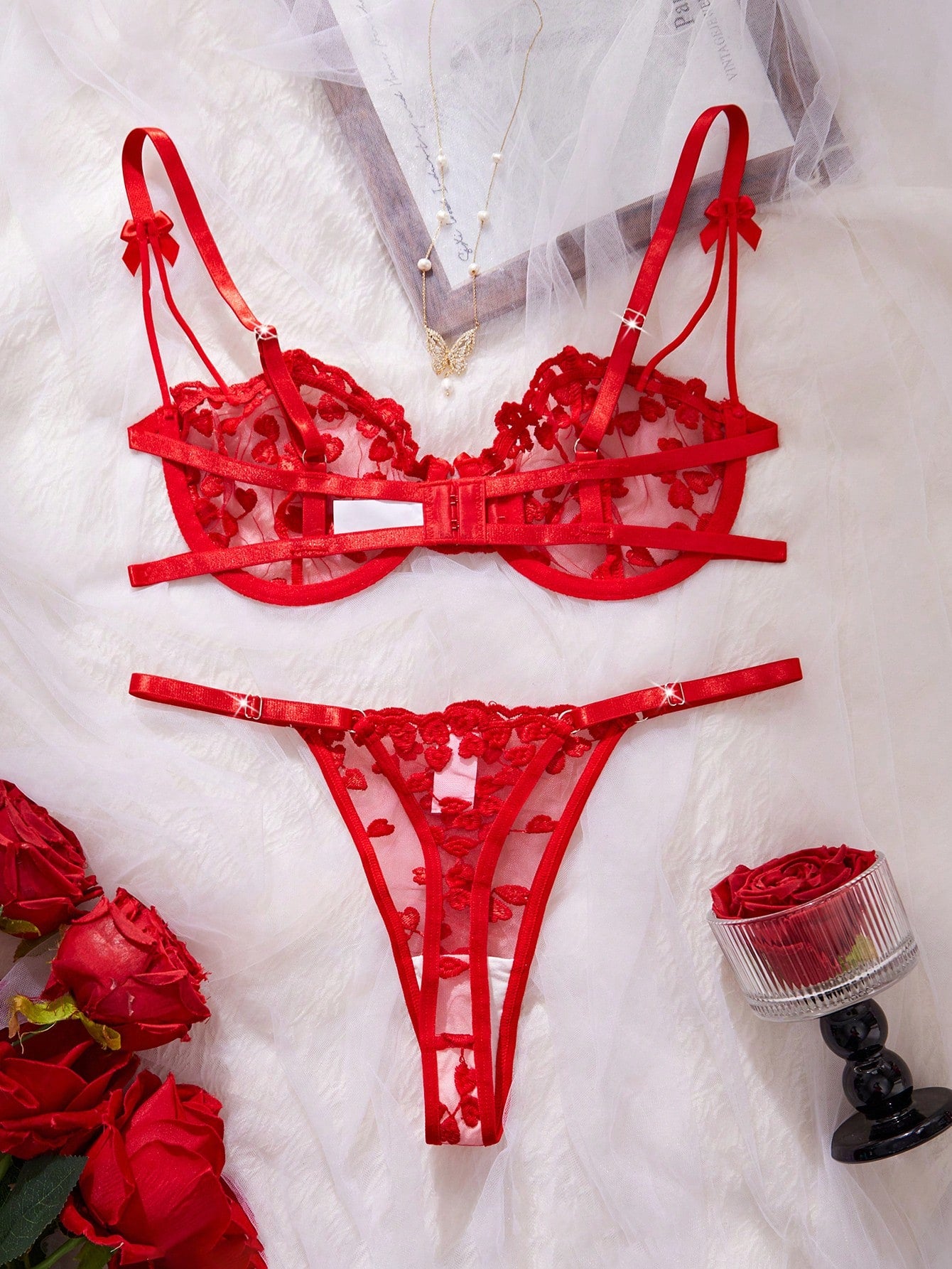 Kawaii Women Solid Embroidered Sheer Strap Bra And G-String Sexy Lingerie Set, Rave
