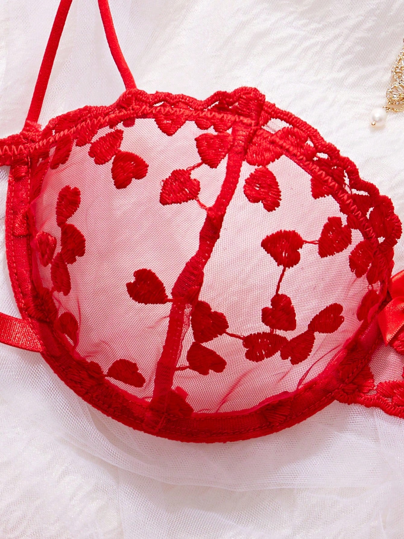 Kawaii Women Solid Embroidered Sheer Strap Bra And G-String Sexy Lingerie Set, Rave