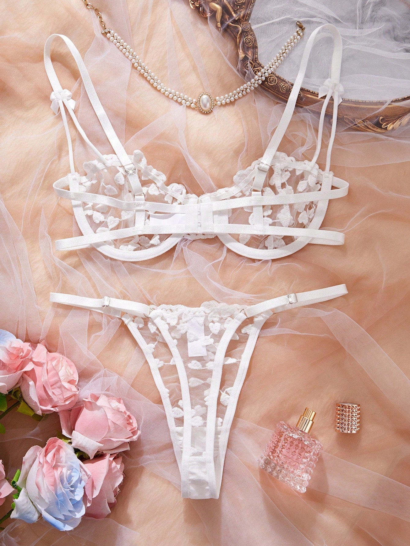 Kawaii Women Solid Embroidered Sheer Strap Bra And G-String Sexy Lingerie Set, Rave