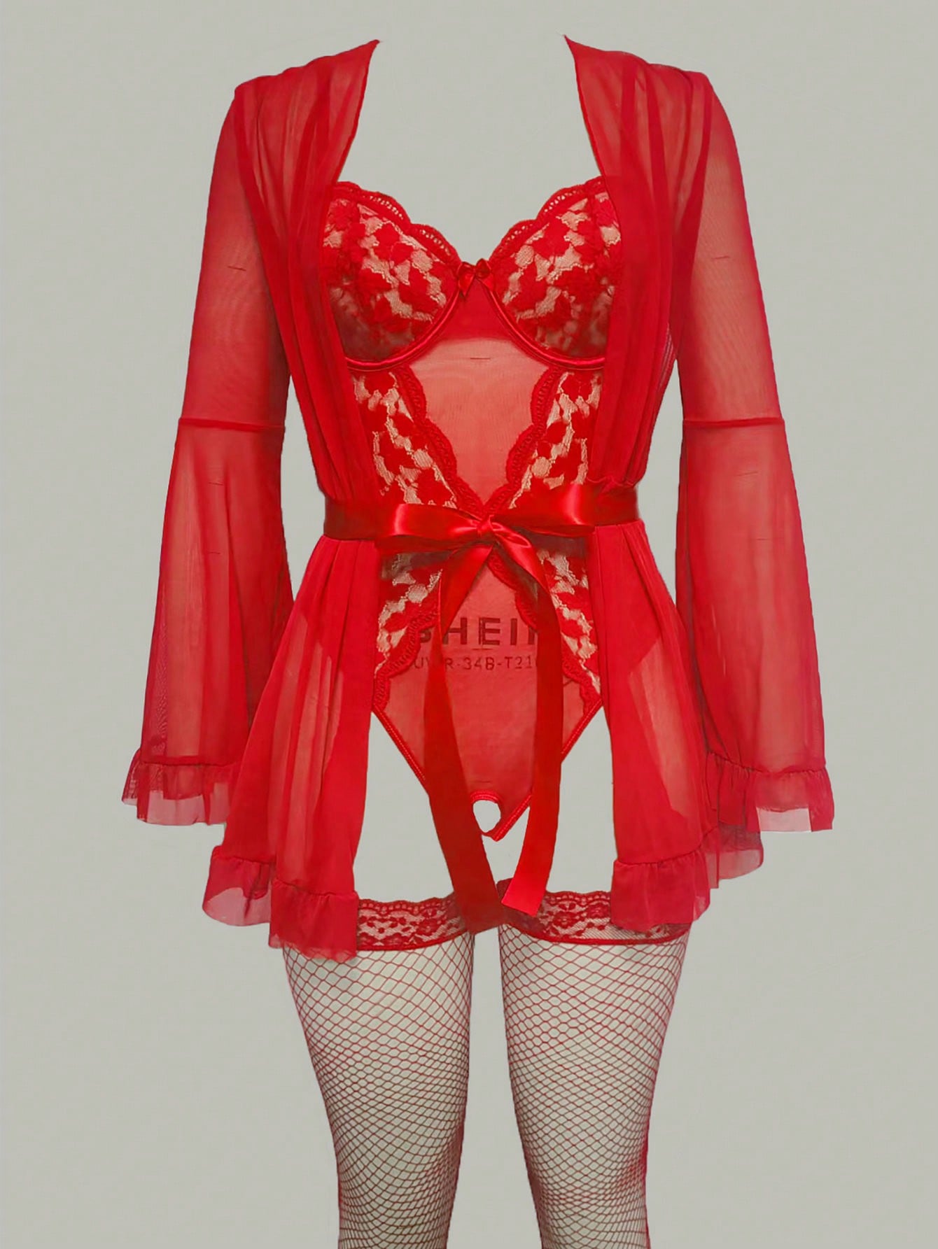 Women’s 5-piece sexy lingerie set featuring a plain slit mesh bodysuit with adjustable spaghetti straps and underwire, a long-sleeve midi robe with ruffle hem and split detail, matching belt, and two pairs of socks.