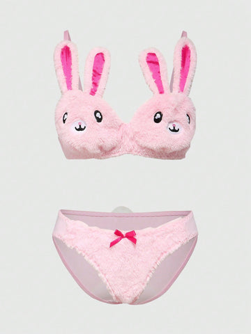 Kawaii Cute Bunny Embroidery Plush Wireless Bra And Panty Set