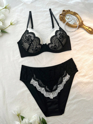 FairyFlirt Contrast Lace Bra & Panty Underwear Set Lingerie Set Cozy And Elegant Details